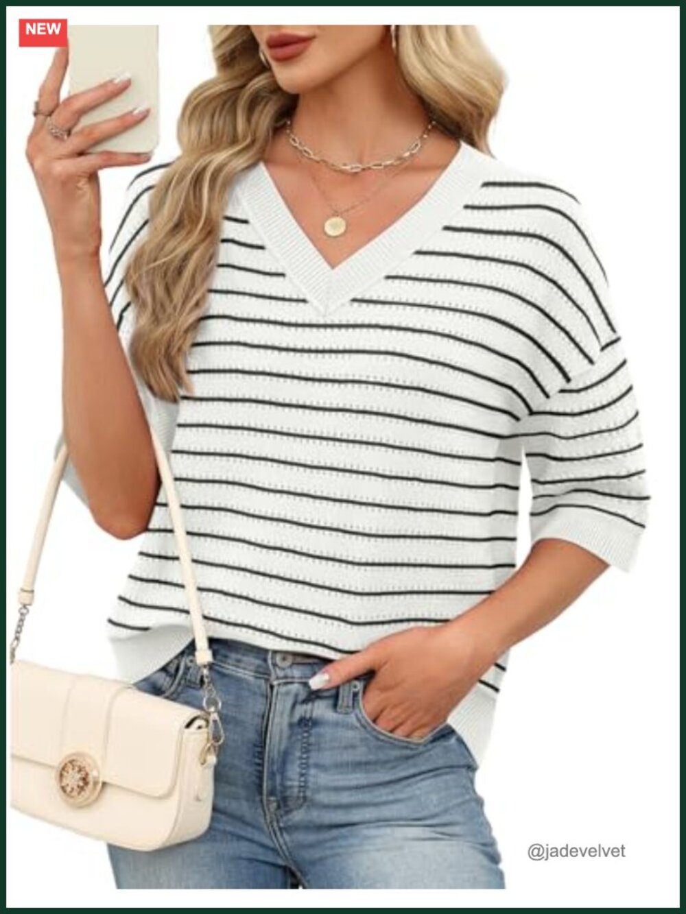 Oversized 3/4 Sleeve Crochet Knit Sweater Pullover